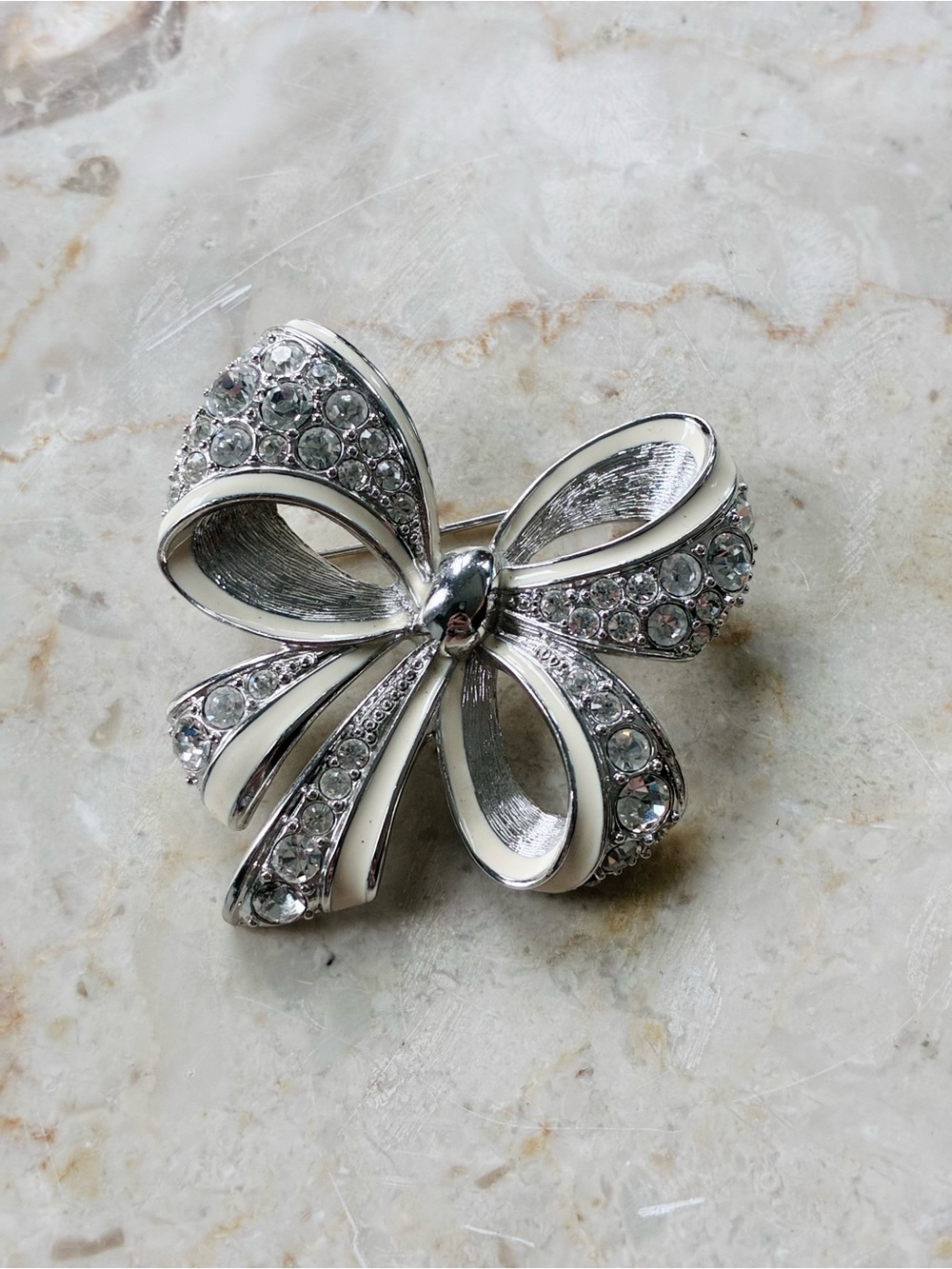 Nolan Miller Shining Spirit Bow Brooch Pin Vintage Silver Tone Rhinestones